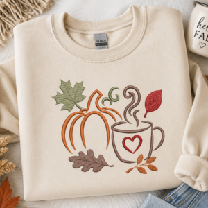 Hello Fall Pumpkin Coffee Mug Embroidery Design Bundle | Autumn Leaves Machine File (Digital Download)