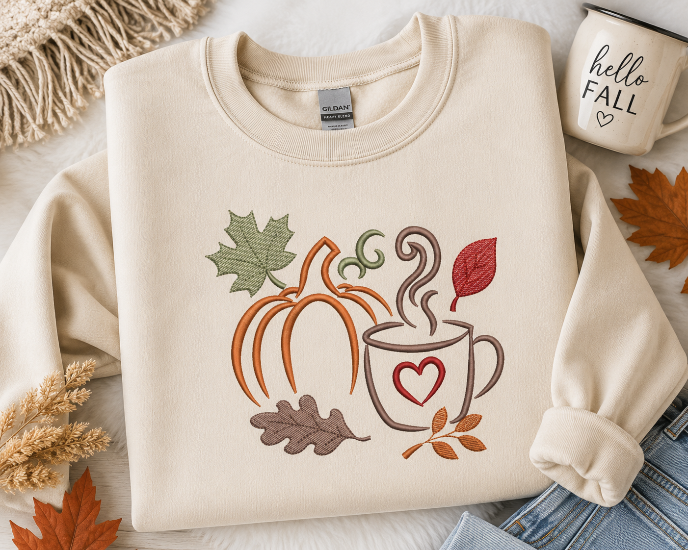 Hello Fall Pumpkin Coffee Mug Embroidery Design Bundle | Autumn Leaves Machine File (Digital Download)