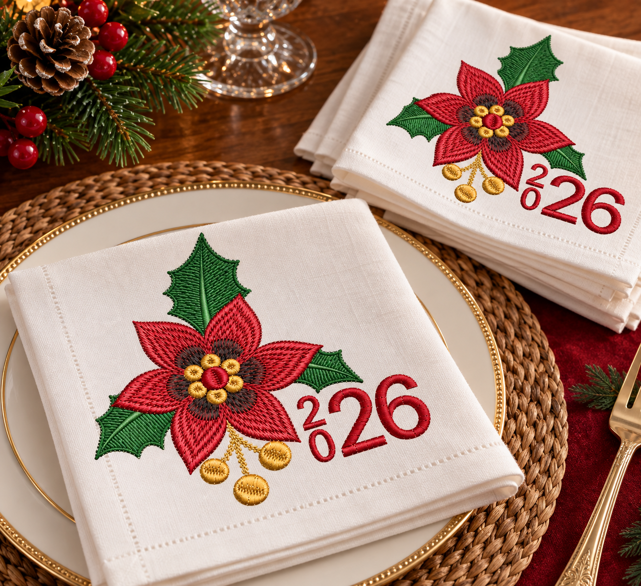 poinsettia embroidery, christmas embroidery, 2026 embroidery, holiday embroidery, christmas flower, machine embroidery, embroidery design, christmas napkin, stocking embroidery, new year 2026, holiday machine file, floral embroidery, christmas design